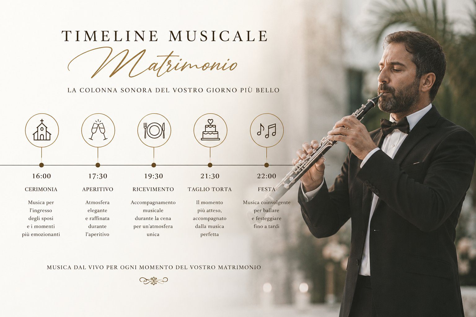 Timeline musicale del matrimonio con orari di cerimonia, aperitivo, ricevimento e festa e musicista che suona dal vivo per un matrimonio nel Salento